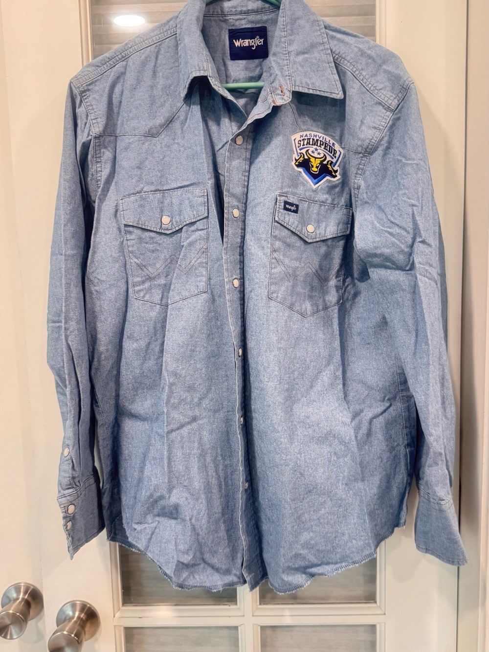 Wrangler Light Blue Denim Button-Down Western Shirt with Patch